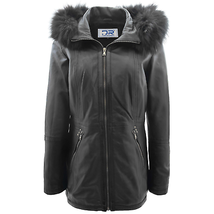 DR260 Women’s Black Leather Duffle Parka Jacket with Removable Hood - £129.09 GBP