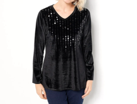 Quacker Factory Sequin Paillettes V-Neck Velvet Top- BLACK, 2X - £17.92 GBP