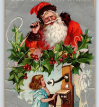 Christmas Postcard Santa Claus Making Telephone Call To Girl Phone Embossed 1909 - £9.05 GBP