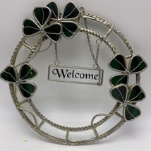 Shamrocks Irish Welcome Wreath SuncatchervStained Glass 9&quot; St Patrick Vintage - £35.21 GBP