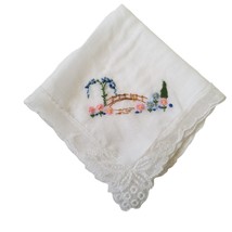 Vintage Hankie Embroidered Scene Lace Trim Delicate Handkerchief Hanky Bridge - $13.44