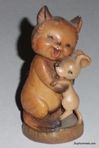 Vintage 3&quot; New Friends ANRI Ferrandiz Wood Carved Figurine - Cat &amp; Mouse Hugging - £118.22 GBP