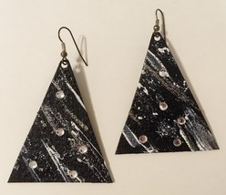 Black White Earrings Handmade Painted Paper Rhinestone Glitter Pierced Triangle - £23.56 GBP