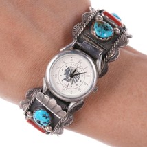 Vintage Native American Coral and turquoise Sterling Watch Bracelet - £200.87 GBP