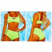 Neón Brillante Verde Lima Tiras Corte Entrecruzado Bikini 2 Pieza Baño P... - £12.85 GBP