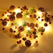 Christmas Garland With Lights Battery Operated 7.2 Ft 20 Pinecones Red Berry Gar - £26.88 GBP