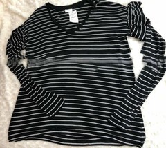 Abound Womens Sz L Black White Striped Ruffled Shirt Top V Neck - £12.58 GBP