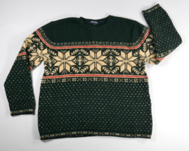 Lands End Dark Green 100% Wool Fair Isle Crew Neck Pullover Sweater Wm L... - £40.85 GBP