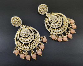 Gold Plated Earrings Set Peach Bollywood Indian Kundan Fashion Jewelry Bridal - £20.77 GBP