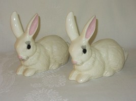 2 Ceramic Bunny Rabbits Figurine Vintage Hand Painted White Glazed Easter - £19.45 GBP