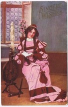 Postcard Young Lady With Pigtails Reading By Spinning Wheel Sincere Wishes - £4.04 GBP