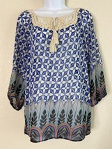 Signature Studio Womens Size S Blue Geometric Pattern Blouse Crochet Neck - £4.95 GBP