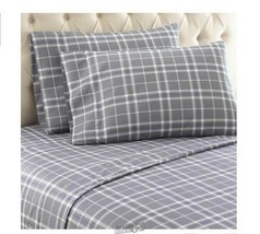 Luxury Grey & White Micro Flannel Sheet Set Carlton Plaid King 100% Polyester - £82.22 GBP