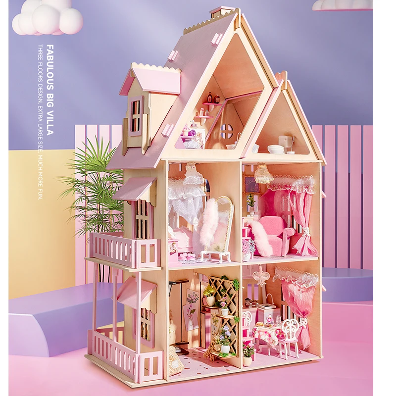 DIY Wooden Doll Houses Miniature Building Kit Princess Big Casa Dollhouse with - £114.09 GBP
