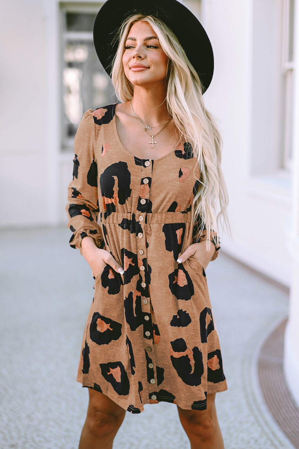 Leopard Print Button Front Bubble Sleeve Loose Knit Dress Item image 4
