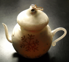Teapot Christmas Ornament Delicate Glass Cream Body Yellow Snowflakes No Box - £8.75 GBP