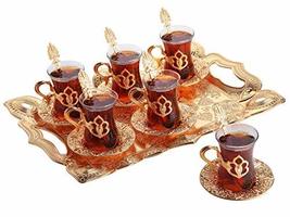 LaModaHome Turkish Arabic Tea Glasses Set of 6 with Gold Spoons, Holders and Sau - £65.05 GBP