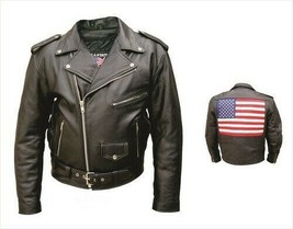 Men&#39;s Motorcycle Premium Buffalo Leather Jacket with USA Flag - £124.50 GBP+