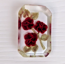 Vintage Clear acrylic 3 Red Rose Large Brooch Pin 70s - £11.89 GBP