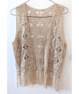 Beige creme crochet knit open cardigan vest women&#39;s size SMALL / MEDIUM ... - £11.04 GBP