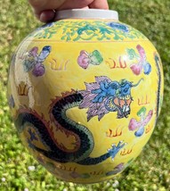 Asian Ceramic Pottery or Porcelain Painted Vase Urn Flowers Birds Yellow... - $126.75