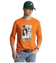 Polo Ralph Lauren Men Long Sleeve Ski 92 Skier Graphic T-Shirt Tee Orange Medium - £21.87 GBP