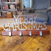 Merry Christmas Stocking Hangers Holder Holds 4 Stockings Wood Metal 18.... - $26.14