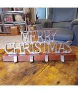 Merry Christmas Stocking Hangers Holder Holds 4 Stockings Wood Metal 18.... - £20.53 GBP