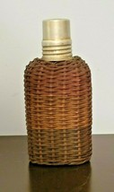 Antique Natural Wicker Rattan Flask Glass Bottle Insert w/ Metal Lid Unsigned - £33.86 GBP