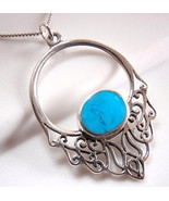 Blue Turquoise 925 Sterling Silver Filigree Necklace Hoop New Corona Sun... - £24.03 GBP