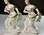 2 Antique Vintage Japan Green White Dancing Pose Porcelain Figurines Dec... - $45.99