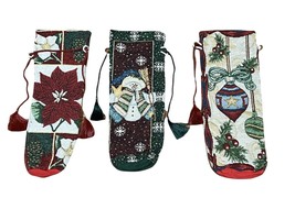 Tapestry Holiday Wine Bottle Gift Bag Cover Set of 3 Poinsettia Snowmen ... - £21.91 GBP