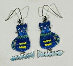 Vintage Sterling Silver 925 Colorful Drop Dangle Cat Lover Earrings - $55.44