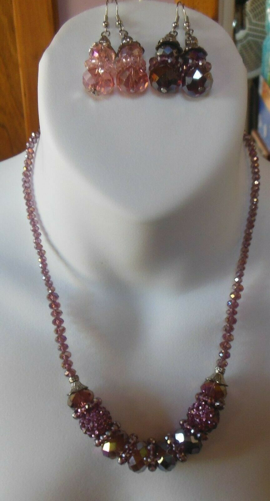 Primary image for Purple/Pink Faceted Pave Crystal Glass Necklace & Earrings Set