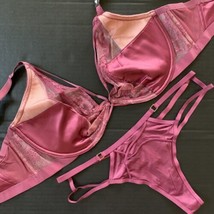 Victoria&#39;s Secret unlined 36DDD BRA SET Strappy thong ROSE pink lace satin Mauve - £54.50 GBP