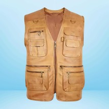 Men&#39;s Tan Genuine Leather Utility Vest: Safari Travel Waistcoat - $139.95