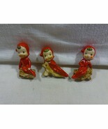 Vintage Japan Ceramic Christmas Red Pixie Elf on Log Figurines Set of 3 - $56.06 CAD