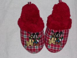 Disney Store Mickey &amp; Pluto Boys Christmas Red Plaid Slippers Size 11/12... - £10.22 GBP