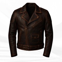 Men&#39;s Distressed Brown Leather Biker Jacket: Handmade Retro Moto Coat - $194.95