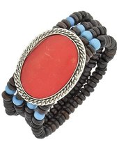 Layered Stacked Dark Brown Beads Red Large Stone Bead Stretch Bracelet (Red Ston - £9.22 GBP