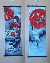 2 Japanese Art Print Wall Hanging Scroll Decor Woman/Crane Bird Lot - £38.70 GBP