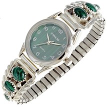 Navajo Sterling Silver Green Malachite Watch Stretch Band Bracelet Ladies s6.5-8 - £143.08 GBP