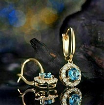 2Ct Round Simulated Blue Topaz Halo Drops / Long Earrings 14k Yellow-
sh... - $41.88