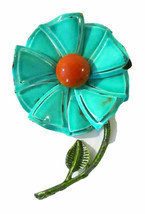 Vintage Aqua Teal &amp; Green Tiered Daisy Flower Brooch Pin Long Stem Bright Bold - £13.07 GBP