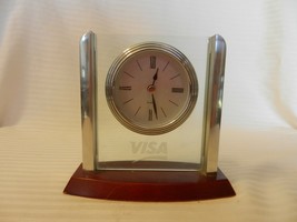 VISA Branded Quartz Desk Clock, Silver, Clear and Red Wood 4.75&quot; Tall - £27.37 GBP
