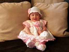 Handmade Crocheted Infant Dress - Tulip Dress, Cap, Booties Set. Perfect Shower  - £33.02 GBP