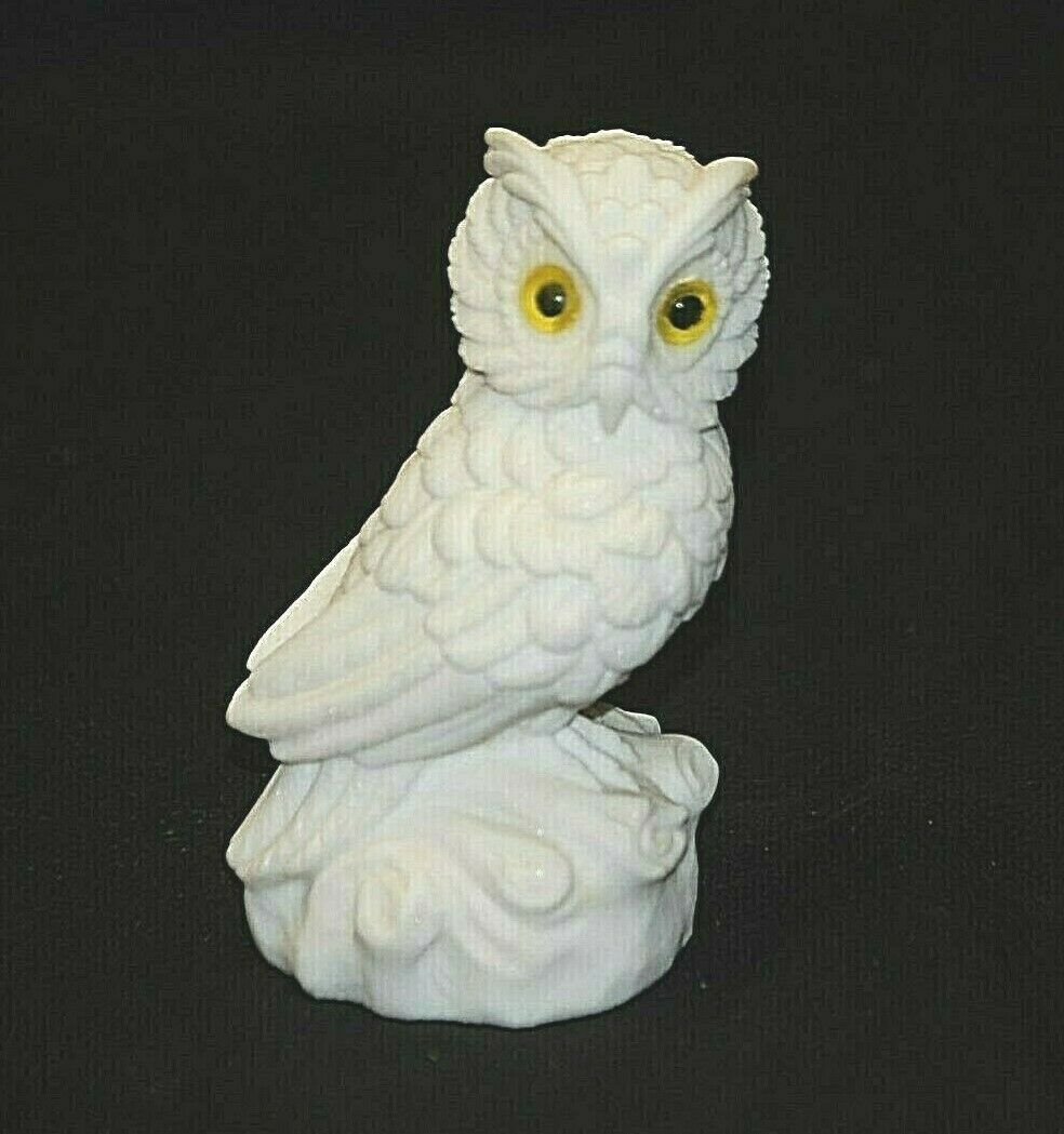 White Horned Owl w Yellow Eyes Marble Dust Art Figurine Shadow Box Shelf... - $34.64