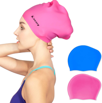 2 Pack Updated Silicone Swim Cap for Long Hair Women Girl Waterproof Bat... - $14.66