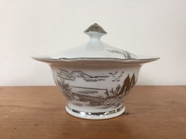 Vintage Hayasi Kutani Japanese Mt Fuji Bridge Metallic Silver Lidded Sugar Bowl - £29.22 GBP