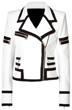 Women White &amp; Black Color Leather Biker Jacket, Multi Zipper Lapel Colla... - $219.99